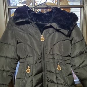 Girls DKNY winter jacket,new size 10/12 black,black soft fur!Stunning jacket!